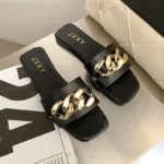 Wide Fit Slip-On Metal Chain Decor Slides For Women, Breathable Open-Toe Summer - Image 2