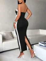 Ladies Fashion Elegant Color Block Knot Design One Shoulder Dress Stylish Gracefu - Image 3