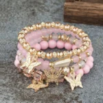 4Pcs Trendy Butterfly Beaded Bracelet Set For Women Pink Acrylic Beads