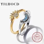 925 Silver Sun and Moon Couple Ring Set Sky Blue Sparkling Cubic Zirconia Rings