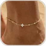 14K Gold Plated Four Leaf Clover Zircon Anklet for Women Fashion Waterproof Bead