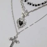 3Pcs Gothic Black Heart Cross Necklace, Y2K Punk Vintage, Daily