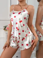 Women's 2Pcs Cherry Print Pajama Set Round Neck Cami Top and Shorts Cute - Image 3