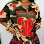 2026 Summer New Retro No.98 Print T-Shirt For Women V-Neck Camouflage Short