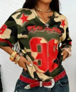 2026 Summer New Retro No.98 Print T-Shirt For Women V-Neck Camouflage Short