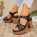 2026 Summer Women T-Strap Platform Block Heel Sandals Hollow Out Cutout Adjustable