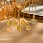 Stainless Steel Spiral Sun Flower Pendant Necklace for Women 18K Gold Plated Stackable