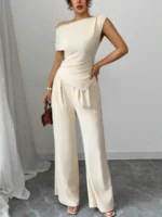 Elegant Pure Color Ladies Asymmetric Top And Wide Leg Pants 2-Piece Set for Commuting - Image 4