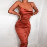 Neon Satin Lace Up Women's Long Midi Dress Light Pink Bodycon Backless - Image 2