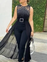 Summer Sleeveless Lace Up Women's Elegant Long Jumpsuit Fashion Hot Drill - Image 3