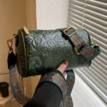 Retro Embossed Flower Leather Shoulder Bag, Classic Cylinder Crossbody Bag