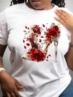 Short Sleeve Crew Neck Vibrant Crystal High Heel Rose Graphic Print Women's T-Shirt - Image 2