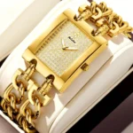 YaLaLuSi Gold Square Iced Out Crystal Women Watch Chunky Cuban Link Bracelet Full Paved