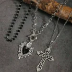 3Pcs Gothic Black Heart Cross Necklace, Y2K Punk Vintage, Daily - Image 2