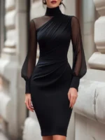 Women Mock Neck Mesh Long Sleeve Midi Dress Asymmetric Ruched - Image 4