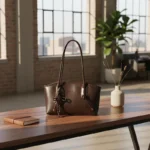 Vintage Dark Brown Faux Leather Tote Bag Large Capacity Tennis Racket Charm Durable - Image 2