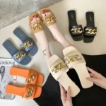 Wide Fit Slip-On Metal Chain Decor Slides For Women, Breathable Open-Toe Summer - Image 6