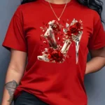 Short Sleeve Crew Neck Vibrant Crystal High Heel Rose Graphic Print Women's T-Shirt