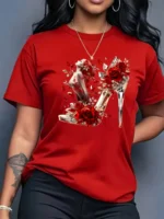 Short Sleeve Crew Neck Vibrant Crystal High Heel Rose Graphic Print Women's T-Shirt