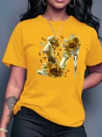 Short Sleeve Crew Neck Vibrant Crystal High Heel Rose Graphic Print Women's T-Shirt - Image 3