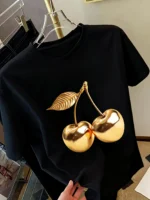 Golden Cherry Print Women Short Sleeve T-Shirt Stylish Casual Tee a Sense of Elegance - Image 2