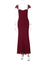 Dulzura Women'S Solid Sexy Backless Shirring Mesh Long Dress Fashion Elegant - Image 2