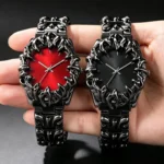 Vintage Punk Flame Bezel Quartz Watch Men Women Matte Black Steel Band Analog
