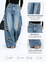 Women High Waist Wide Leg Jeans, Side Cutout Eyelet Rivet Denim Pants Loose Fit Hollow - Image 5