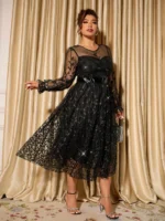 Sophisticated Dinner Dress with Sheer Sleeves - Image 4