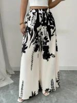 Women Black Ink Floral Print Wide Leg Pants Elastic High Waist Silky Satin Palazzo Trousers Summer - Image 3