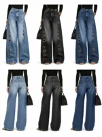 Women High Waist Wide Leg Jeans, Side Cutout Eyelet Rivet Denim Pants Loose Fit Hollow - Image 3