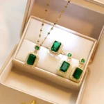 4PCS Sets Exquisite Quadrate Rhinestone Necklace Earrings Ring Jewelry