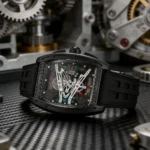 Men's Tonneau Skeleton Quartz Watch Iridescent Luminous Dial Black Silicone