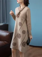 Women Red Print Knitted Cotton Long Sleeve Midi Dress Autumn Luxury Chic Sweater Dress 2024 Korean Vintage Elegant Prom Vestidos - Image 3