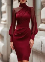 Women Mock Neck Mesh Long Sleeve Midi Dress Asymmetric Ruched - Image 5
