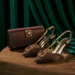 Brown Satin Rhinestone Slingback Pointed Pumps Scalloped Chain Evening Clutch Women
