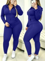 Cozy Skin-Friendly Solid Color Curvy Oversized Tracksuit, Zip Hoodie Matched With Joggers, Comfortable - Image 2