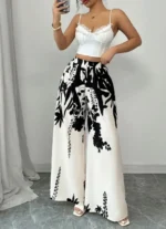 Women Black Ink Floral Print Wide Leg Pants Elastic High Waist Silky Satin Palazzo Trousers Summer - Image 5