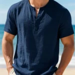 Men's Cotton Linen Henley Short Sleeve T Shirt Lightweight Breathable Solid Color Casual Loose Fit Summer Beach Vacation Top