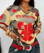 2026 Summer New Retro No.98 Print T-Shirt For Women V-Neck Camouflage Short - Image 3