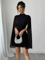 Women's Sparkly Print Turtleneck Lantern Sleeve Bodycon Mini Party Dress - Image 2