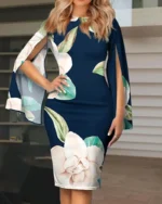 Women Round Neck Floral Print Split Flare Sleeve Bodycon Midi Dress - Image 5