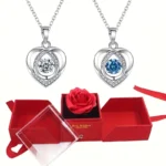 Silver Heart Shaped Necklace Bracelet Set for Women Girls Retro Korean Blue Crystal