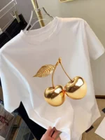 Golden Cherry Print Women Short Sleeve T-Shirt Stylish Casual Tee a Sense of Elegance - Image 3