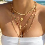 5Pcs Boho Colorful Crystal Cross Heart Necklace Set Women Y Drop Stack Chokers