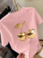 Golden Cherry Print Women Short Sleeve T-Shirt Stylish Casual Tee a Sense of Elegance - Image 4