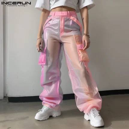 INCERUN 2025 Men Pants Mesh Gradient Button Oversize Pockets Straight Trousers Men