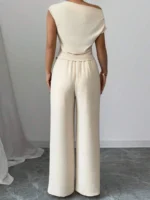 Elegant Pure Color Ladies Asymmetric Top And Wide Leg Pants 2-Piece Set for Commuting - Image 5