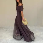 Elegant Vintage Commuting Fashion Women Off Shoulder Mesh Long Sexy Hollow - Image 4