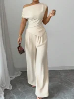 Elegant Pure Color Ladies Asymmetric Top And Wide Leg Pants 2-Piece Set for Commuting - Image 3